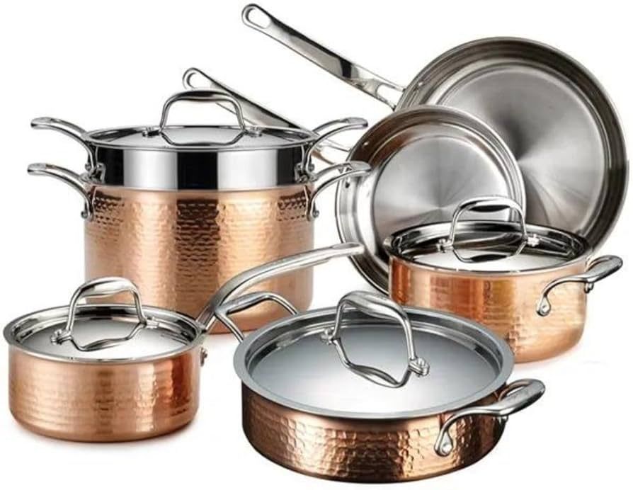 Lagostina Martellata Tri-ply Hammered Copper 11 PC Pots and Pans Cookware Set, Copper | Amazon (US)