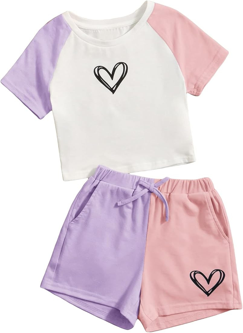 SOLY HUX Toddler Girl's Colorblock Heart Print Raglan Short Sleeve T Shirt and Shorts 2 Piece Sum... | Amazon (US)