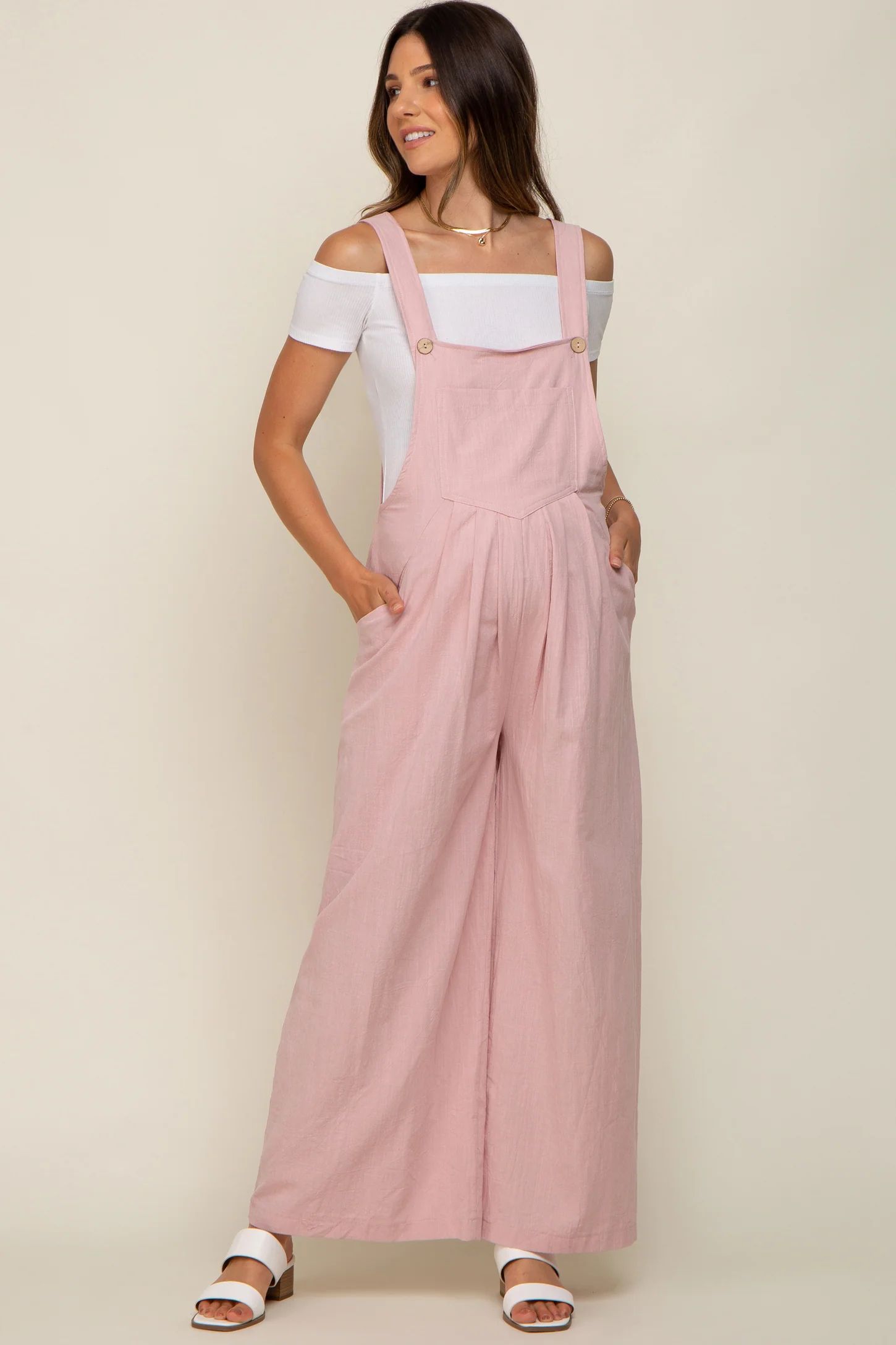 Light Pink Front Pocket Pleated Linen Maternity Overall | PinkBlush Maternity
