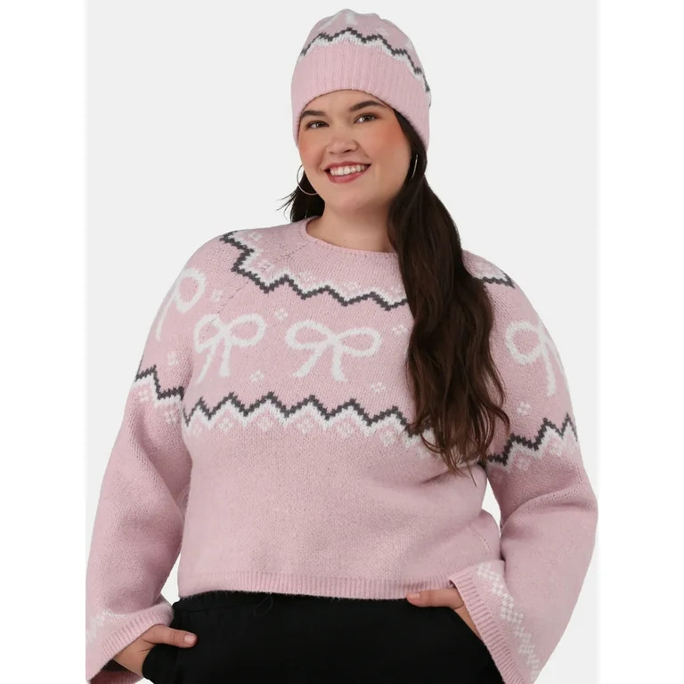 No Boundaries Fairisle Jacquard Pullover and Beanie Set, 2-Piece, Women's and Women’s Plus | Walmart (US)