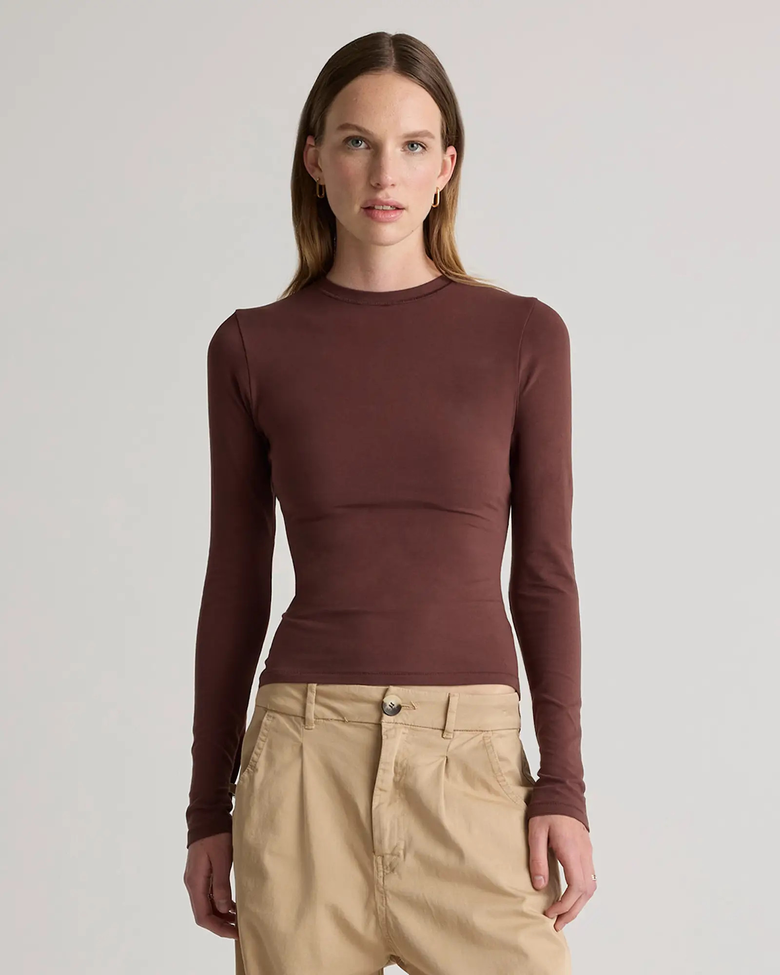 Stretch Cotton Jersey Fitted Long Sleeve T-Shirt in Cocoa | Quince