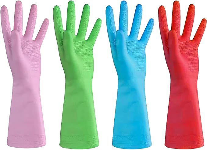 Dishwashing Rubber Gloves for Cleaning – 4 Pairs Household Gloves Including Blue, Pink, Green a... | Amazon (US)