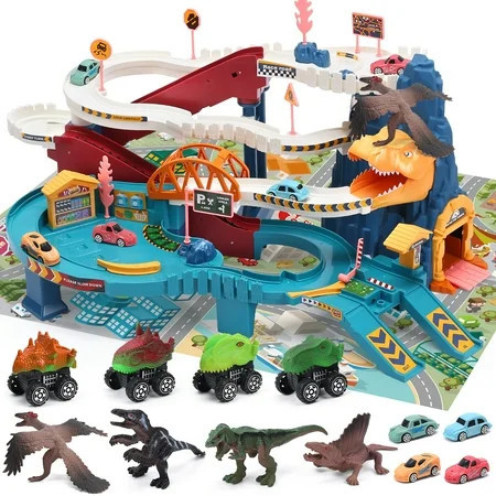 JoyStone Dinosaur Race Track Playset for Kids Boys, Race Car Track Toys with 4 Mini Cars & 4 Dino, Adventure Toy Vehicle Playset for 3-5 Years Old, Blue | Walmart (US)