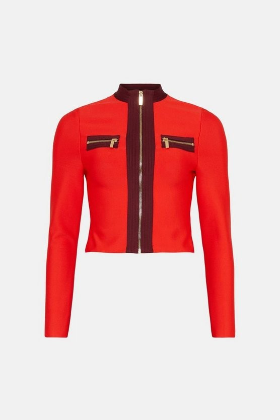 Contrast Zip Pocket Bandage Knit Jacket | Karen Millen UK & IE