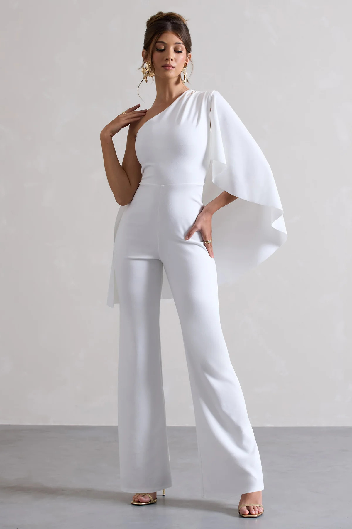 Pristine | White One Shoulder Cape Sleeve Flared-Leg Jumpsuit | Club L London
