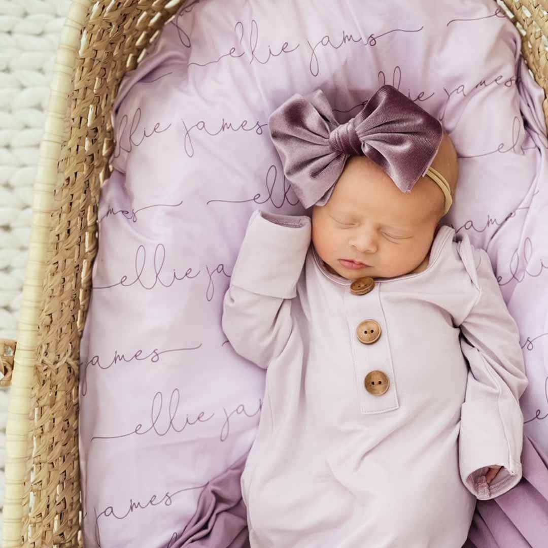 Personalized Light Lavender Baby Name Swaddle Blanket - Script | Caden Lane