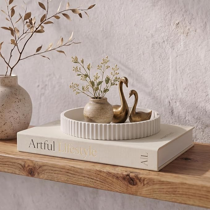 Decorative Concrete Tray & Book Decor Set - Scalloped Tray & Linen Box | Enhances Your Coffee Tab... | Amazon (US)