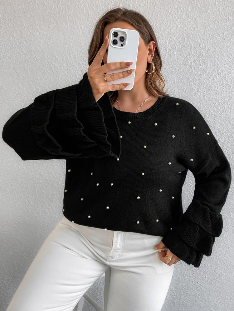 Plus Pearls Beaded Layered Trim Drop Shoulder Sweater | SHEIN
