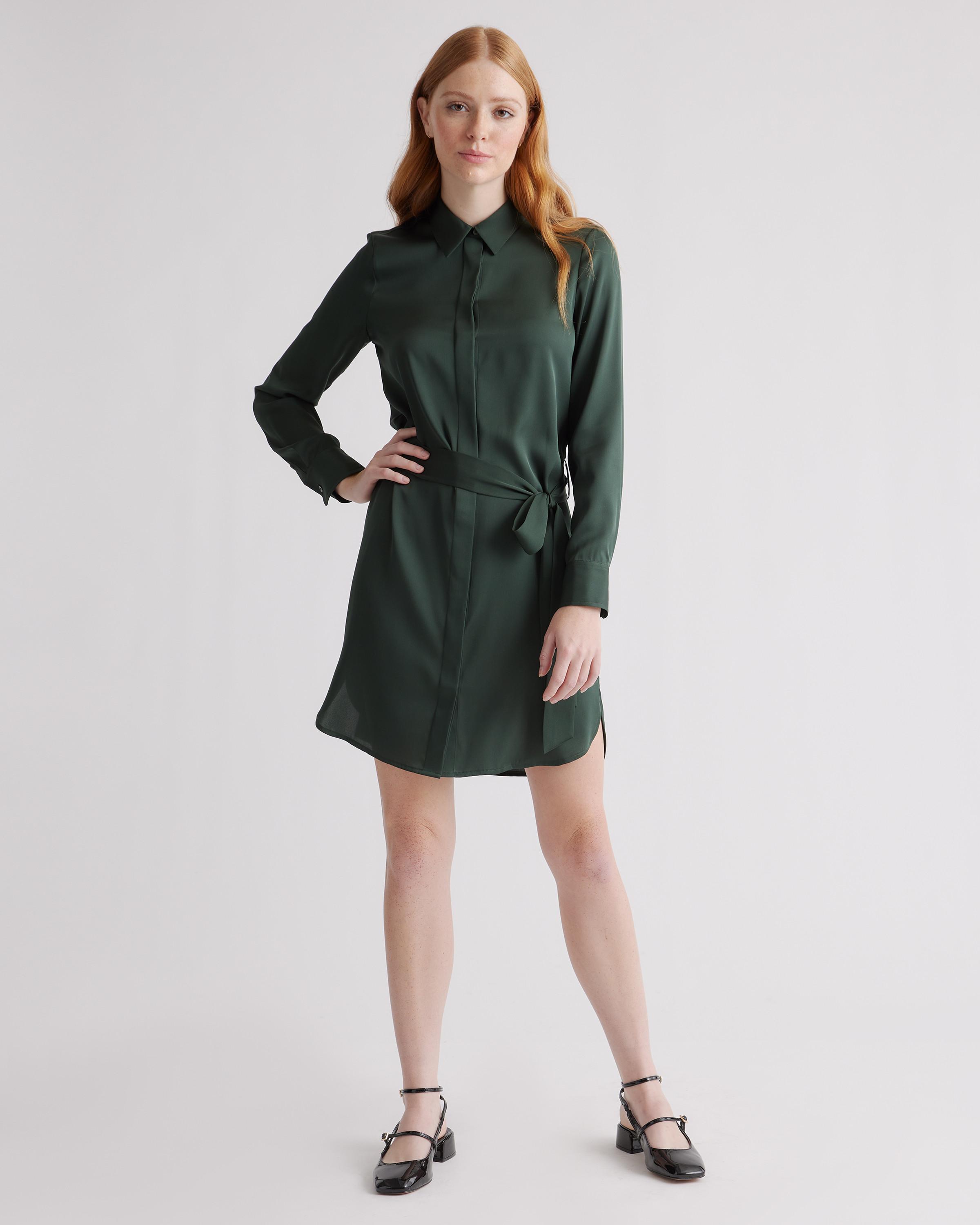 Washable Stretch Silk Shirt Dress in Navy | Quince