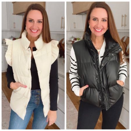 Two of the BEST Amazon vests! 
LEFT: Wearing a medium The ruffle is such a cute, feminine touch! 
RIGHT: Leather look vest in a medium. Goes with everything! 
.


#LTKover40 #LTKsalealert #LTKstyletip