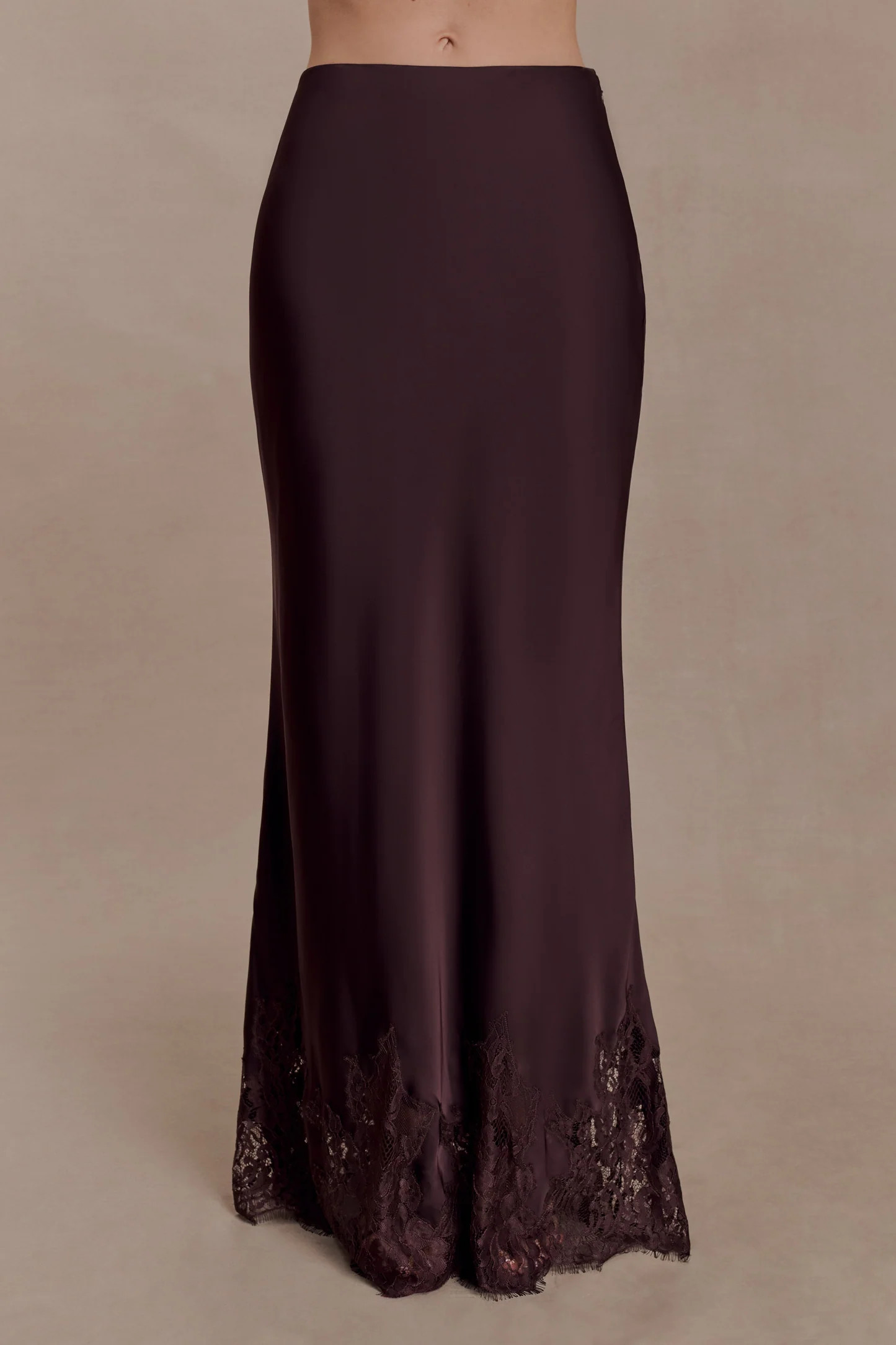 Nina Satin And Lace Maxi Skirt - Chocolate | Meshki UK