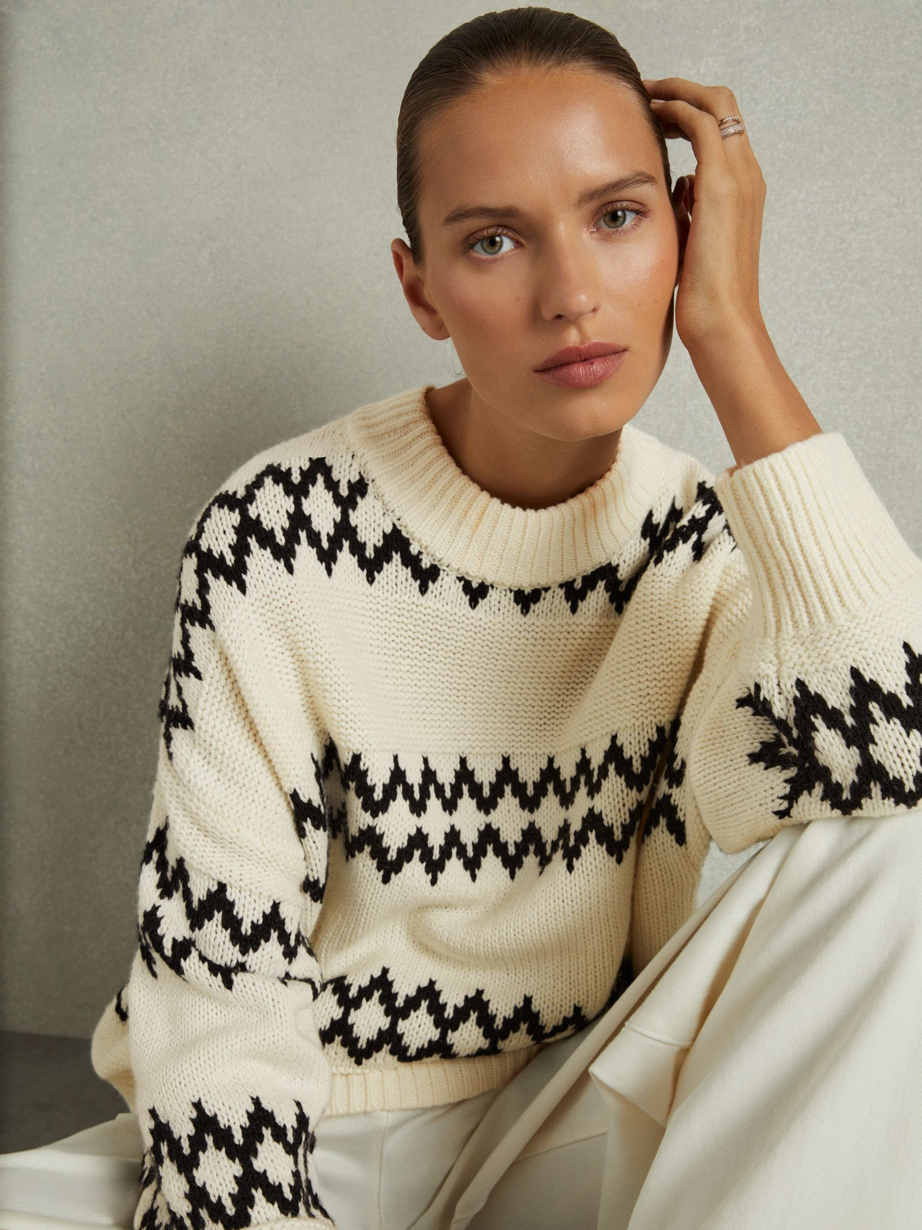Reiss Wool-Blend Fairisle Pattern Jumper in Cream/Black - REISS | Reiss UK