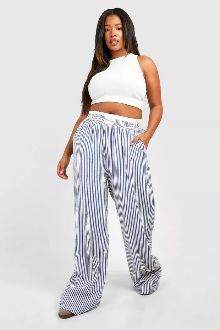 Plus Contrast Dsgn Waistband Detail Stripe Trousers | Boohoo.com (UK & IE)