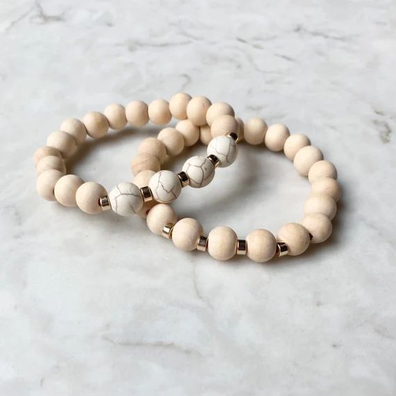 The Hamptons  Wood Bead Bracelet Stack  Gold and Cream | Etsy | Etsy (US)
