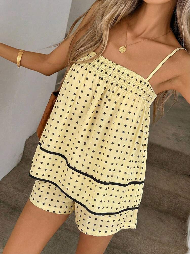 2pcs Vintage Romantic Yellow Polka Dot Women's Set, Including Ruffle Strap Camisole And Elastic W... | SHEIN