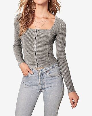 Bb Dakota Ribbed Long Sleeve Top Gray Women's M | Express