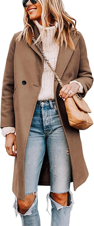 Tanming Women's Notch Lapel Double Breasted Wool Blend Mid Long Pea Trench Coat | Amazon (US)