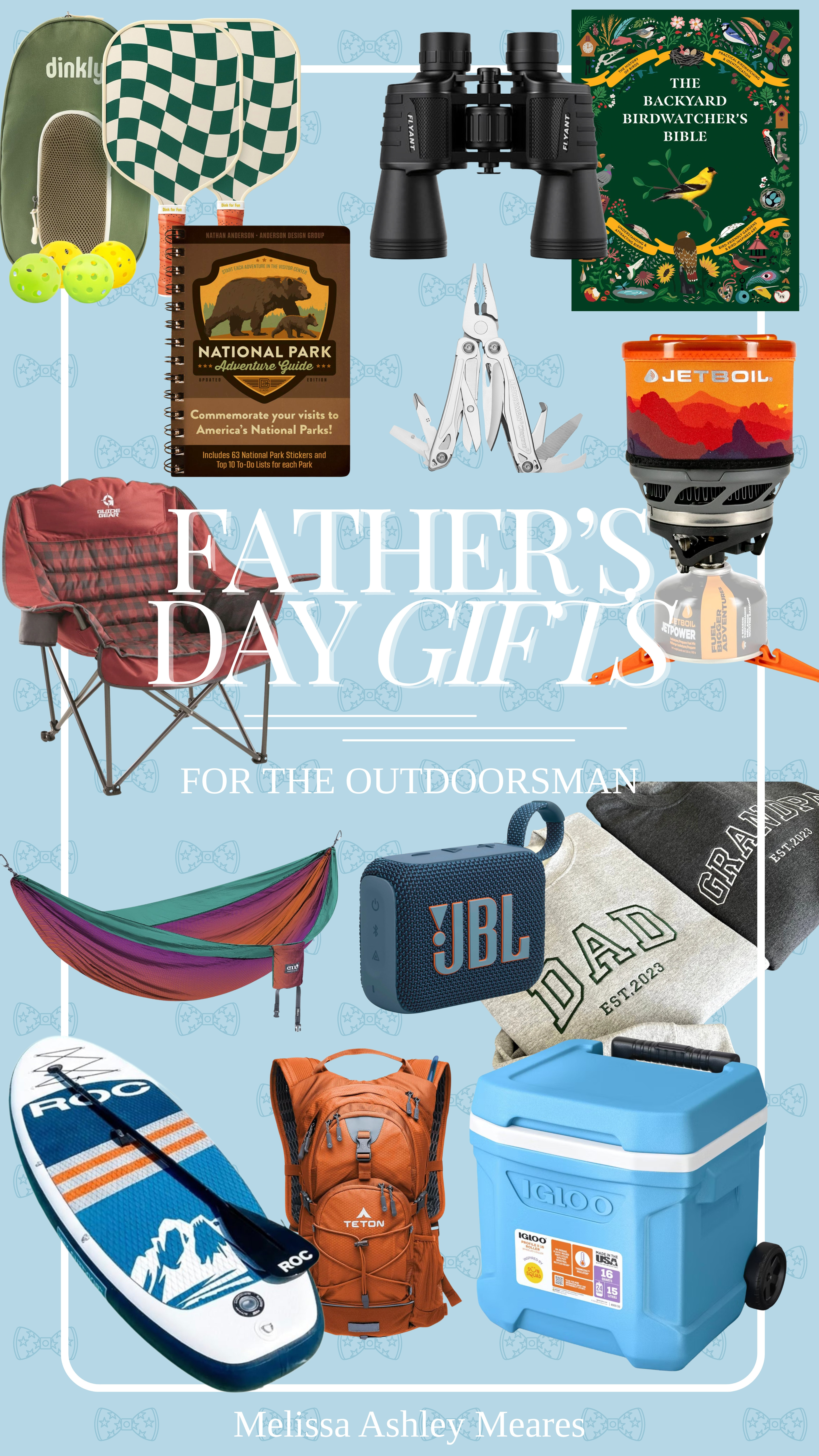 For the Outdoorsman Dad 🌲
This is for the dads who are happiest outside. The ones who are always planning the next fishing trip, camping weekend, hike, or backyard project 👀

pickelball paddle racket set, national park guide, binoculars, birdwatcher, jet boil, outdoor stove, leatherman wingman multitool, camping chair, hammock, eno, jbl outdoor speaker, roc paddleboard, igloo cooler with wheels, teton oasis trailrunner hydration backpack 

 #LTKSeasonal #LTKActive #LTKMens