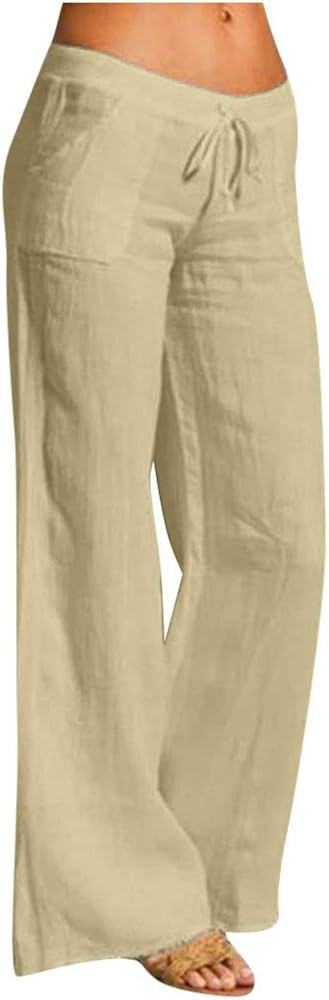 hymyyxgs Womens Casual Wide Leg Pants Tapered Pants Cotton Linen Drawstring Elastic Waist Pants C... | Amazon (US)