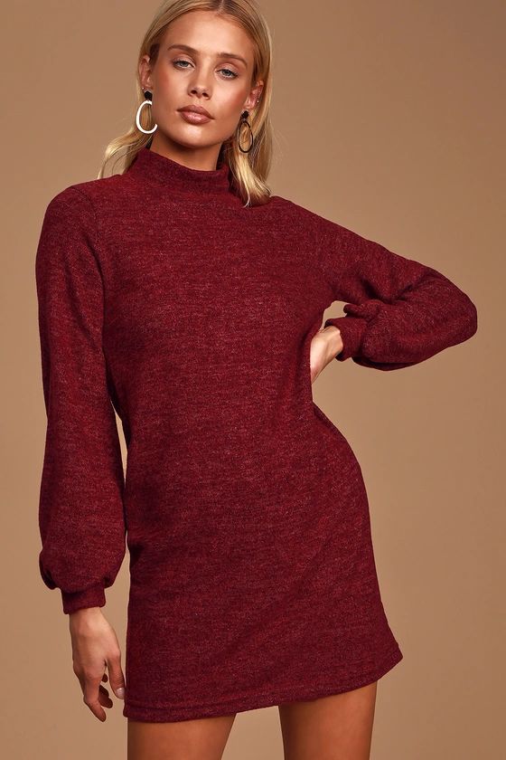 In the Limelight Heathered Burgundy Mock Neck Sweater Dress | Lulus (US)