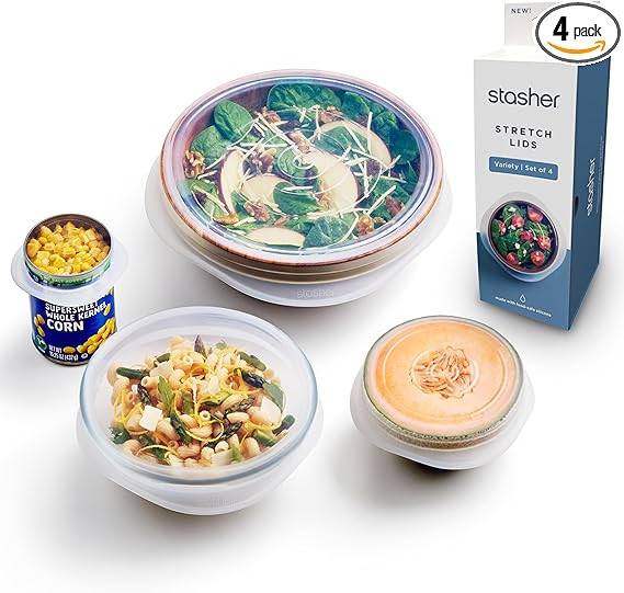 Stasher Premium Reusable Silicone Stretch Lids Variety 4-Pack, Clear, 9, 6.5, 4.5, 2.5, Airtight ... | Amazon (US)