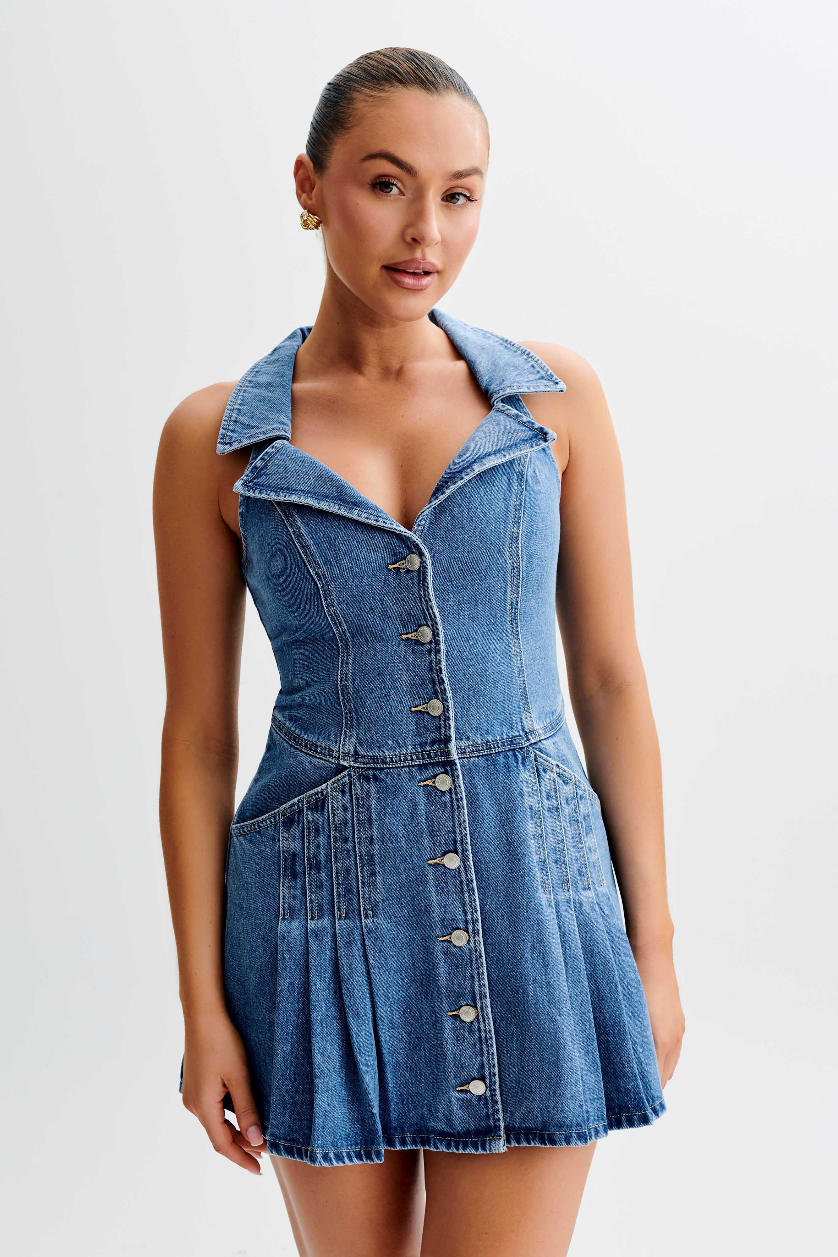 Porter Collared Denim Mini Dress - 70'S Blue | MESHKI US