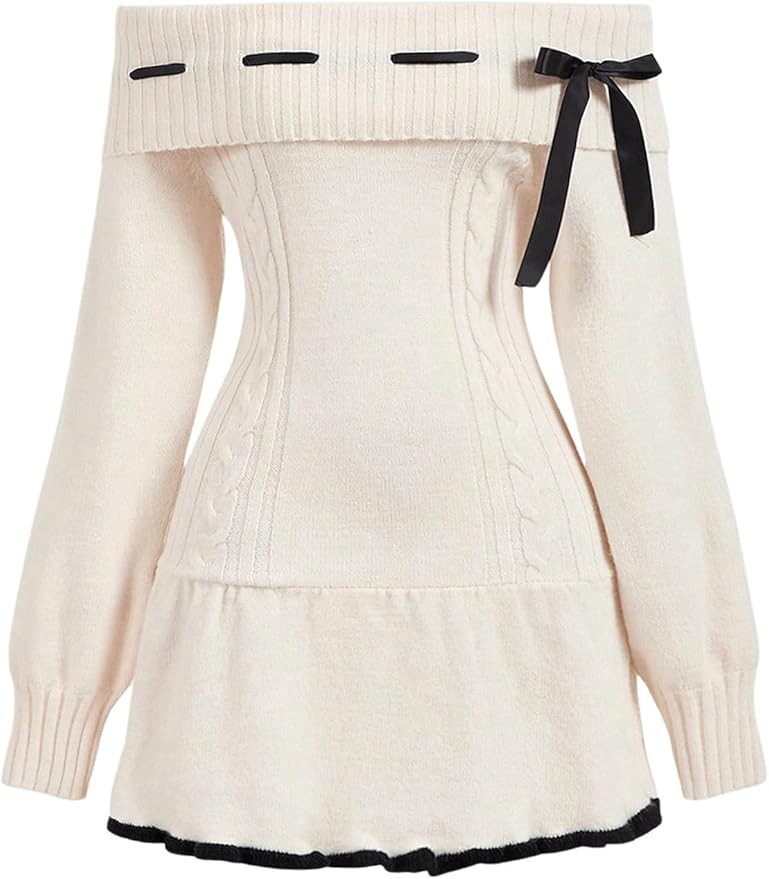 SOLY HUX Women's Off The Shoulder Sweater Dress Bowknot Knit Mini Dresses Bodycon Long Sleeve Swe... | Amazon (US)