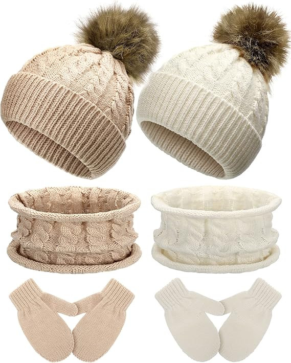 2 Sets Baby Knit Hat Scarf Glove Set Kid Pompom Beanie Mitten Neckwarmer       Add to Logie | Amazon (US)