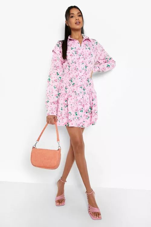 Shirred Body Mini Shirt Dress Floral Print | Boohoo.com (US & CA)