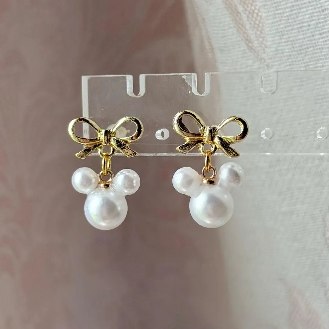 Bow Mickey Pearl Drop Earrings | 18k Gold Plated, Hypoallergenic - Etsy | Etsy (US)