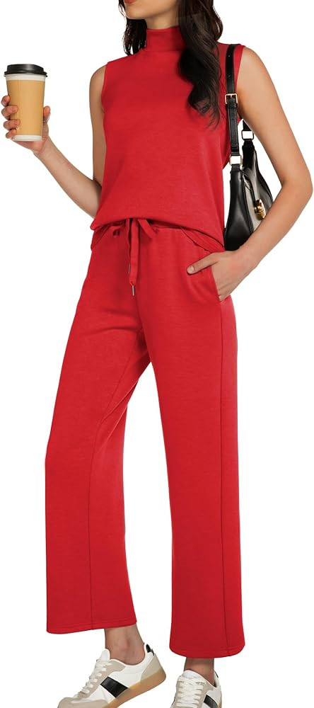 Women's Summer 2 Piece Outfits Mock Neck Tank Top Cropped Wide Leg Pants Lounge Sets 2025 Fashion... | Amazon (US)