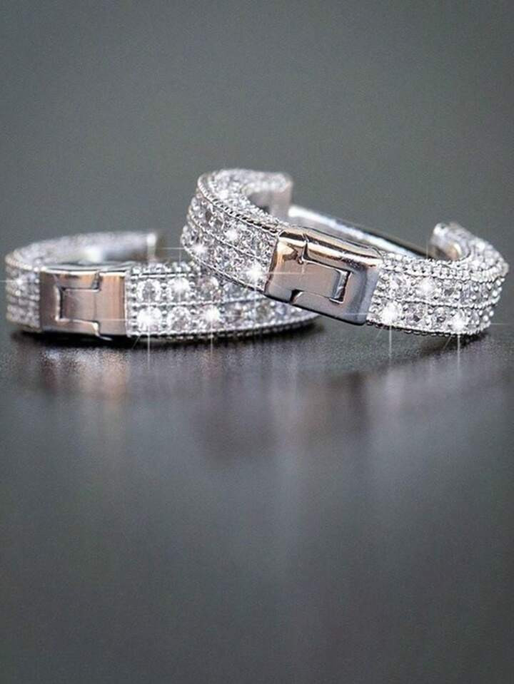 2pcs Minimalist Full Rhinestone Geometric Copper Hoop Earrings, Unisex Versatile Accessory For Party, Gathering, And Daily Outfit | SHEIN