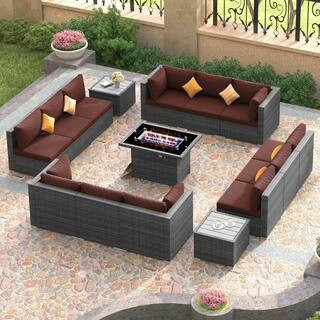 15-Piece Large Size Gray Wicker Patio Conversation Sofa Set with Dark Red Cushions Fire Pit Table and Coffee Tables | The Home Depot