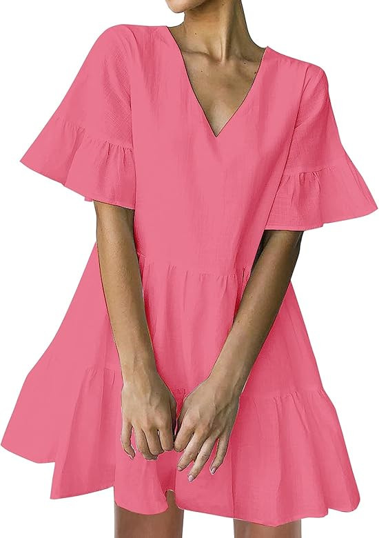 FANCYINN Women’s Cute Shift Dress with Pockets Bell Sleeve Ruffle Hem V Neck Loose Swing Tunic ... | Amazon (US)