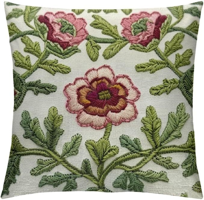 Flower Embroidered Farmhouse Decorative Throw Pillow Cover Cottage Floral Green Leaves Knit Patte... | Amazon (US)