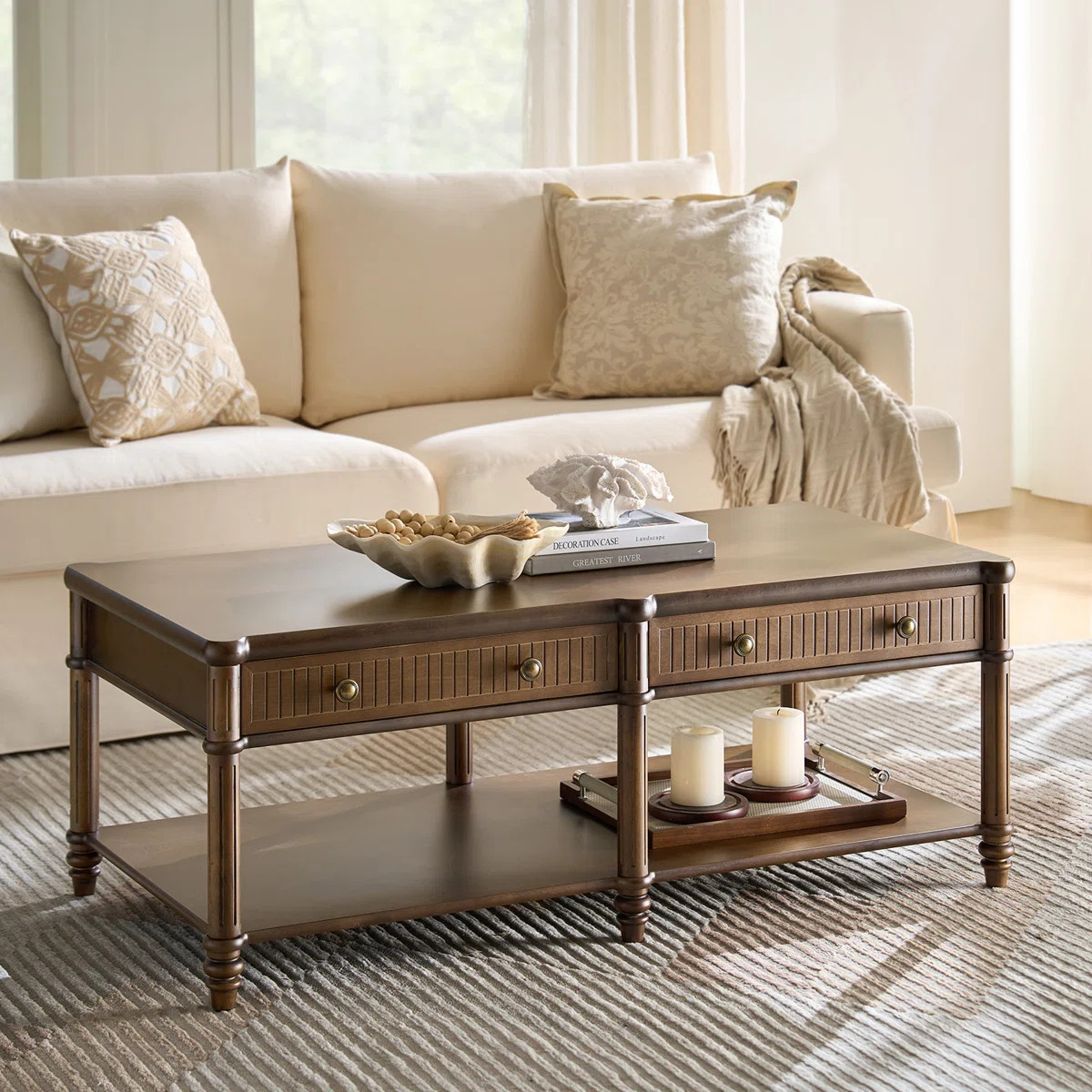 Derk Transitional 47"W Spindle Fluted Rectangular Storage Coffee Table with Solid Wood Drawers | Wayfair North America