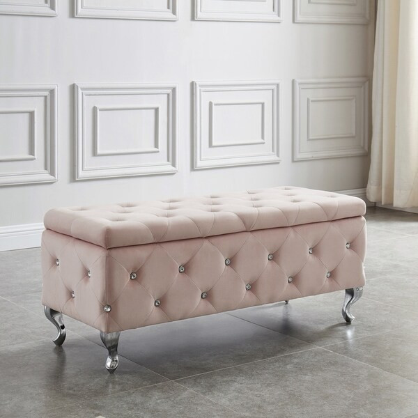 Monique-Velvet Storage Bench with Crystals, Blush | Bed Bath & Beyond