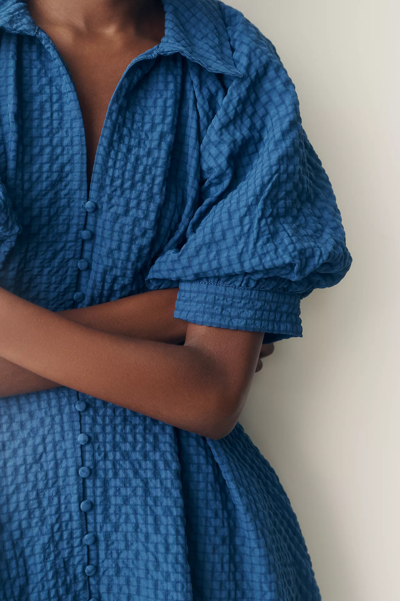 English Factory Puff-Sleeve Textured Midi Shirtdress | Anthropologie (US)
