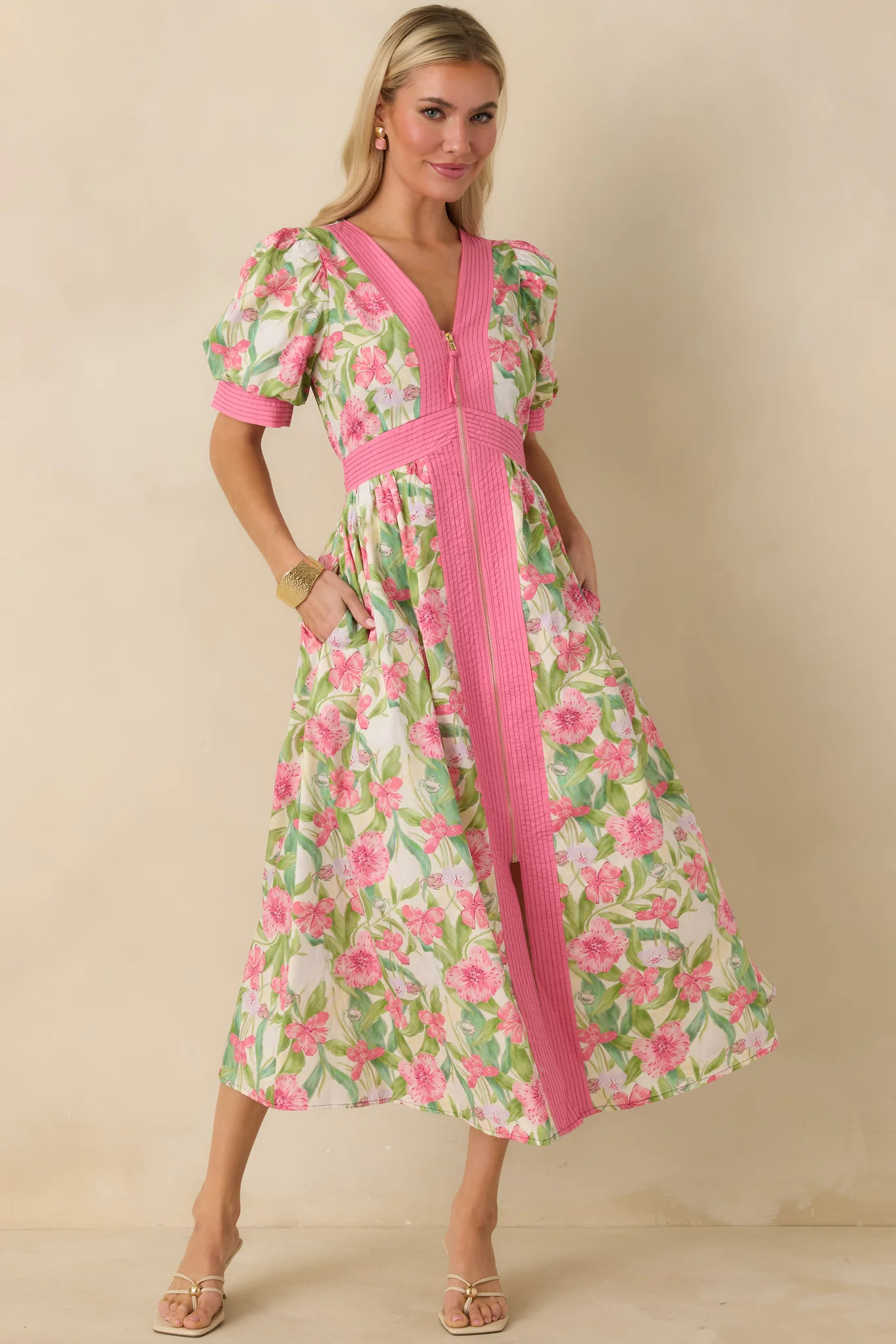 Color Me Floral Pink Multi Floral Print Cotton Zip Front Midi Dress | Red Dress