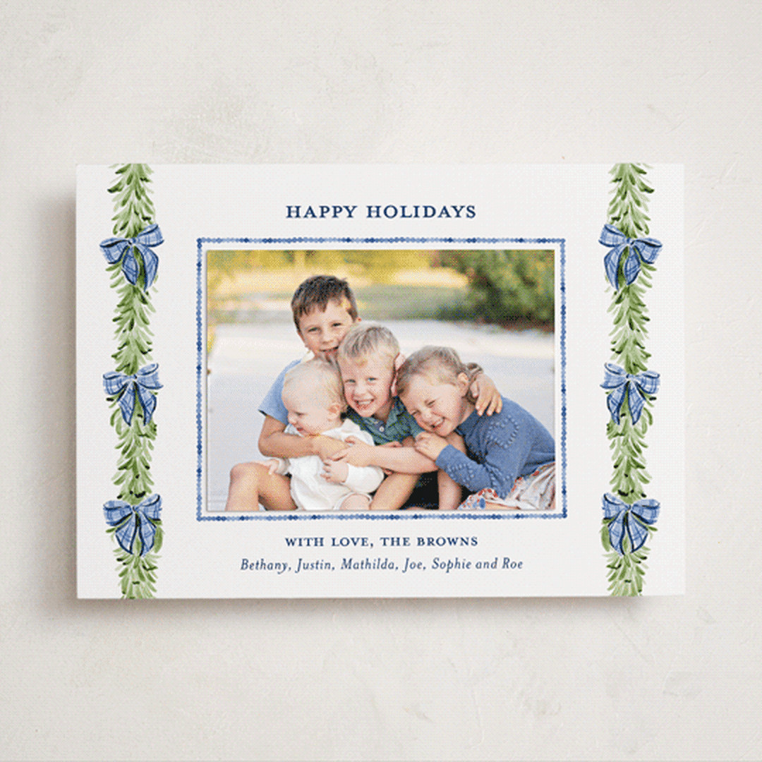 "Plaid bows" - Customizable Holiday Photo Mount Cards in Blue by Sarah Knight. | Minted