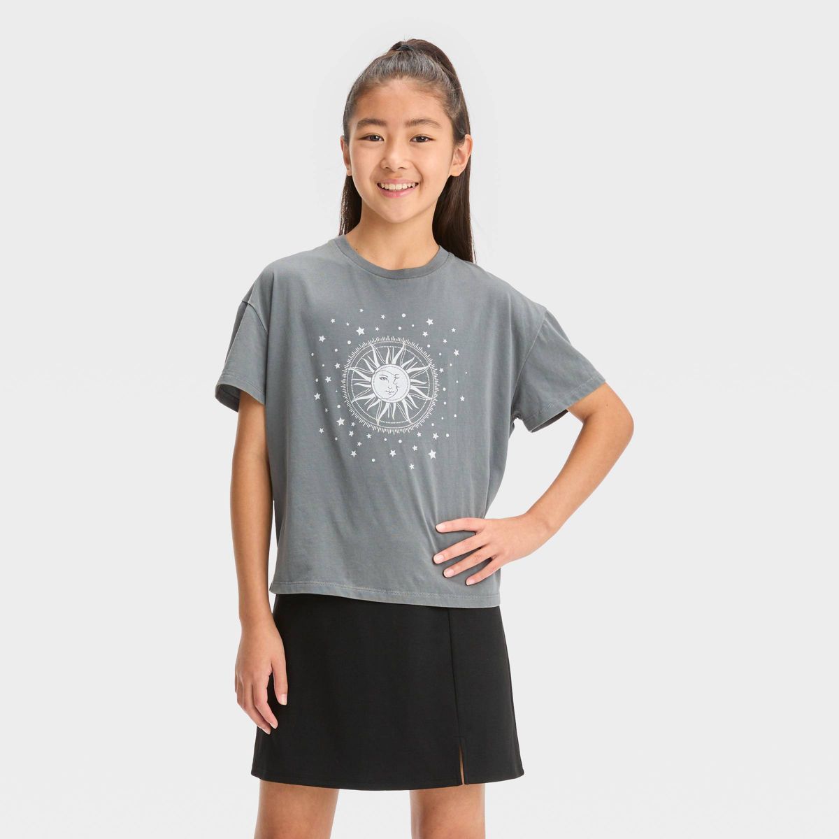 Girls' Short Sleeve Boxy Cropped 'Celestial Sun' Graphic T-Shirt - art class™ Gray | Target