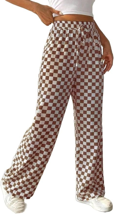 Women's Casual Checkered Pants Drawstring Elastic Waist Comfy Loose Straight Wide Leg Plaid Pants... | Amazon (US)
