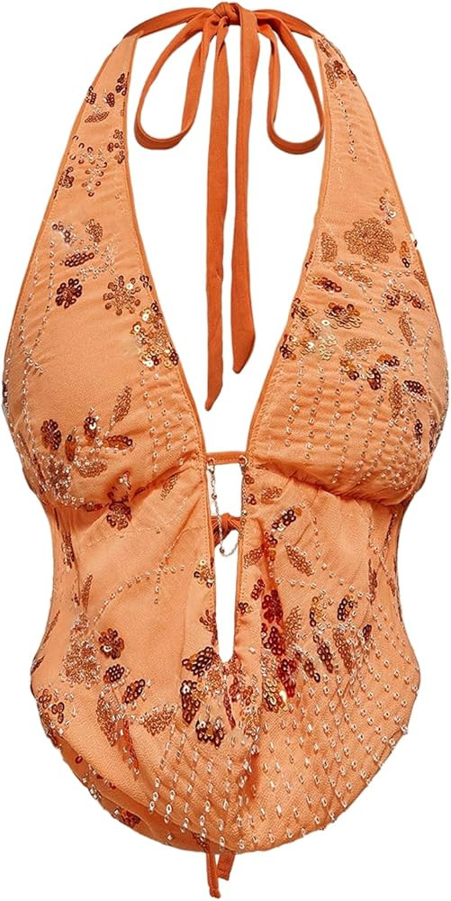Verdusa Women's Cheetah Print Sequin Top Y2K Tie Back Corset Halter Going Out Crop Tops | Amazon (US)