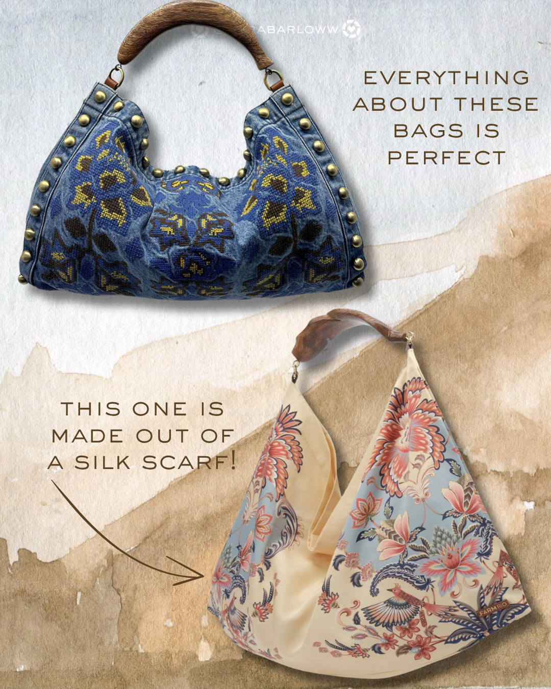 Everything about these Farm Rio bags are STUNNING! from the embroidered denim detail on the blue one, to the gorgeous silk scarf and wooden handle that make up the larger one, these bags can't miss. would you wear these bags this summer?  

 #LTKootd #LTKSeasonal #LTKSaleAlert