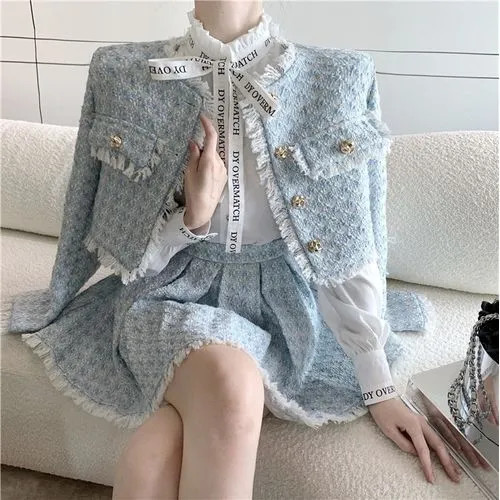 NENE - Long-Sleeve Lace Blouse / Tweed Tassel Trim Button-Up Jacket / High Rise Pleated Mini A-Li... | YesStyle Global