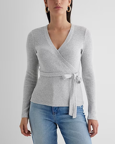Ribbed Cozy Knit V-Neck Surplice Tie Waist Top | Express