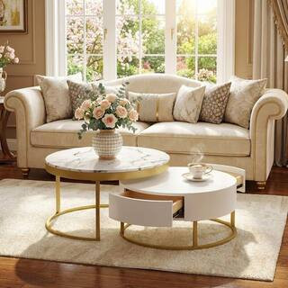 31.5 in. Golden and White Wood Round Nesting End Table with Drawers | The Home Depot