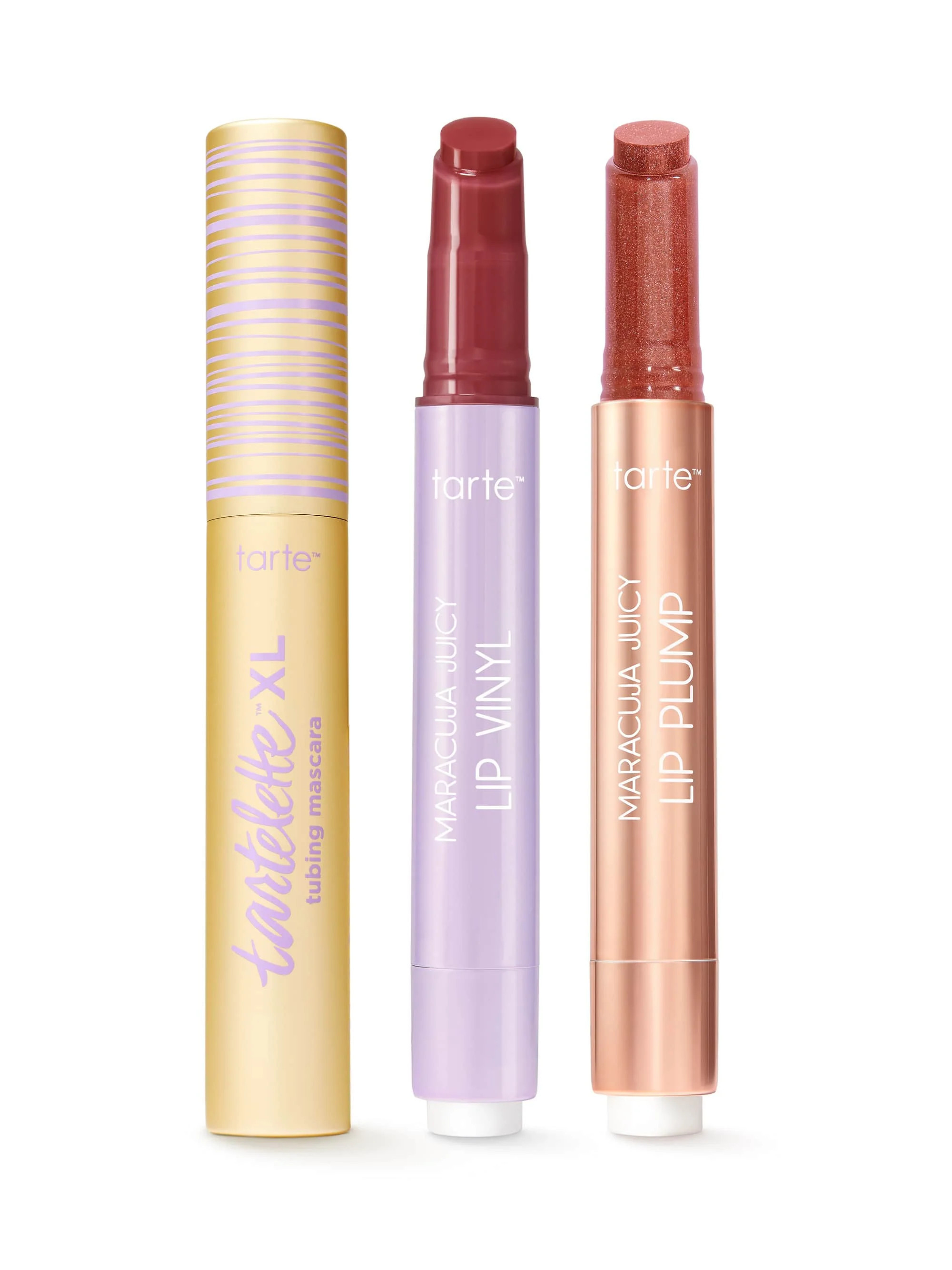 maracuja juicy lip vinyl, shimmer glass & XL tubing mascara set hibiscus & rosy mauve shimmer glass | Tarte Cosmetics