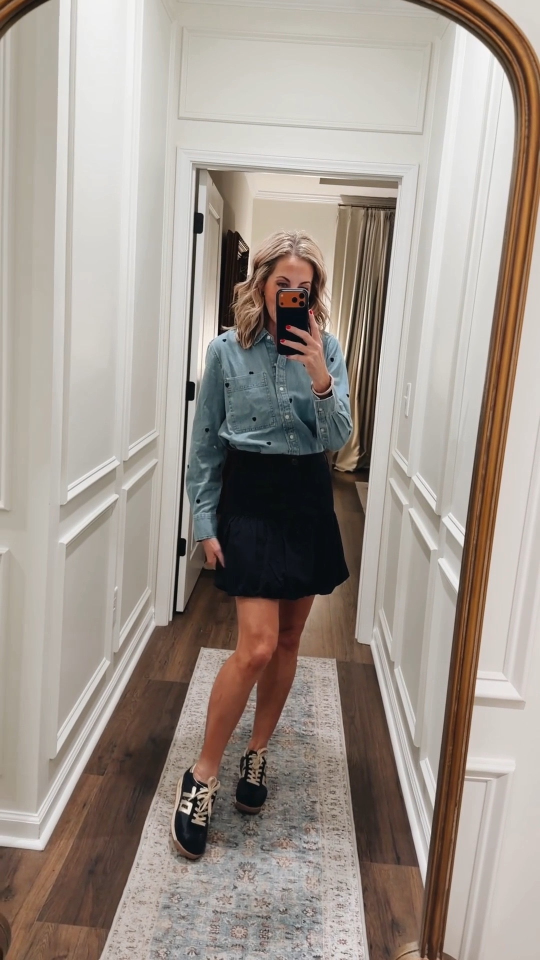 Back in stock!!!!! Loving that this skirt is back in stock. Paired with this free assembly denim heart shirt both under $30. 