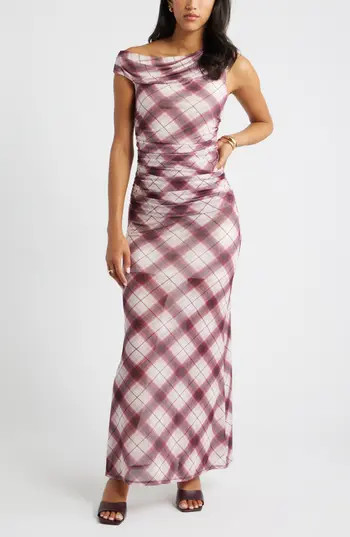 Open Edit One-Shoulder Mesh Maxi Dress in Ivory- Red Reese Plaid at Nordstrom Rack, Size Small | Nordstrom Rack